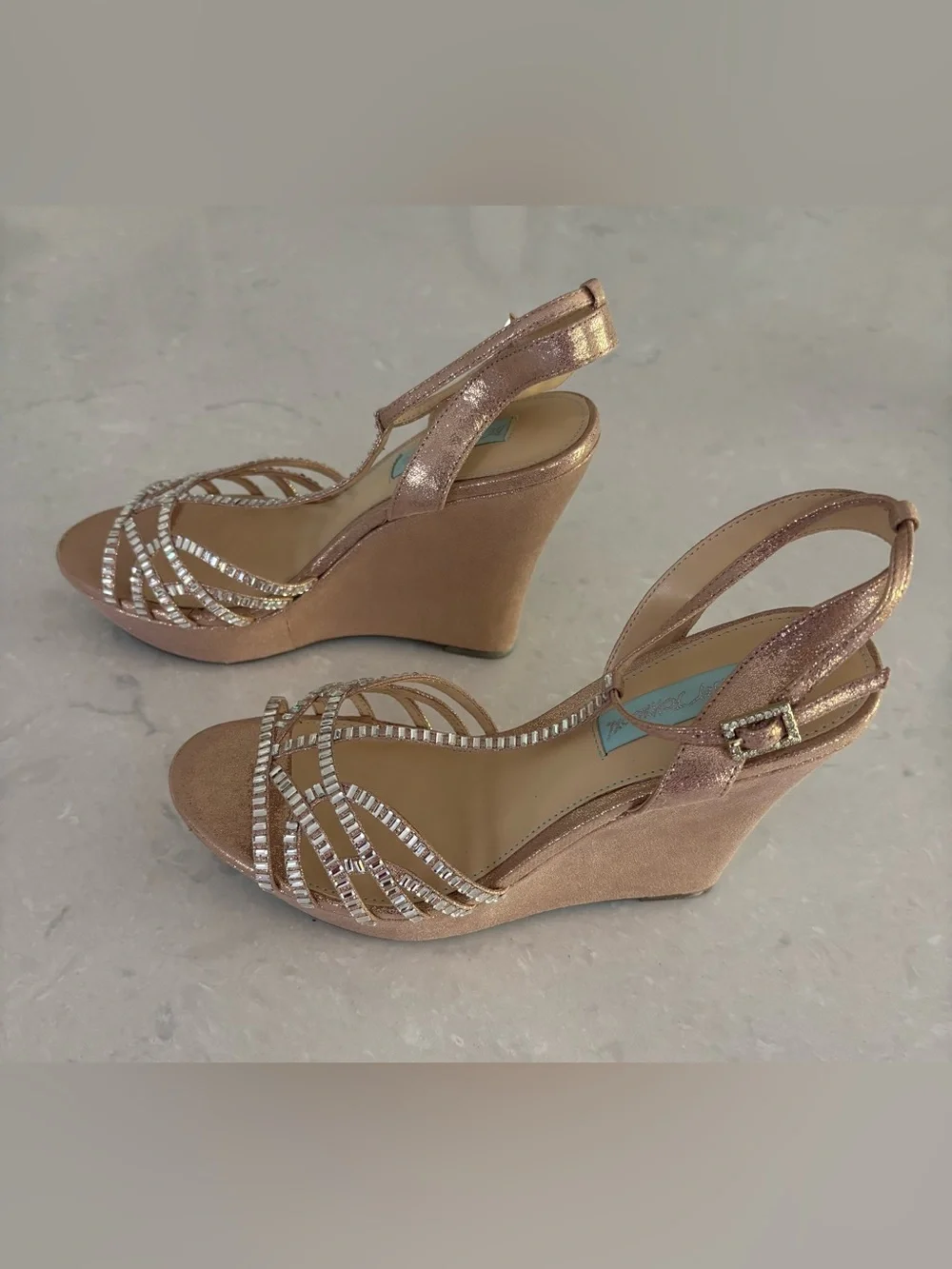 Betsey Johnson SB-Ember Champagne Rhinestone Wedge Sandals Size 9